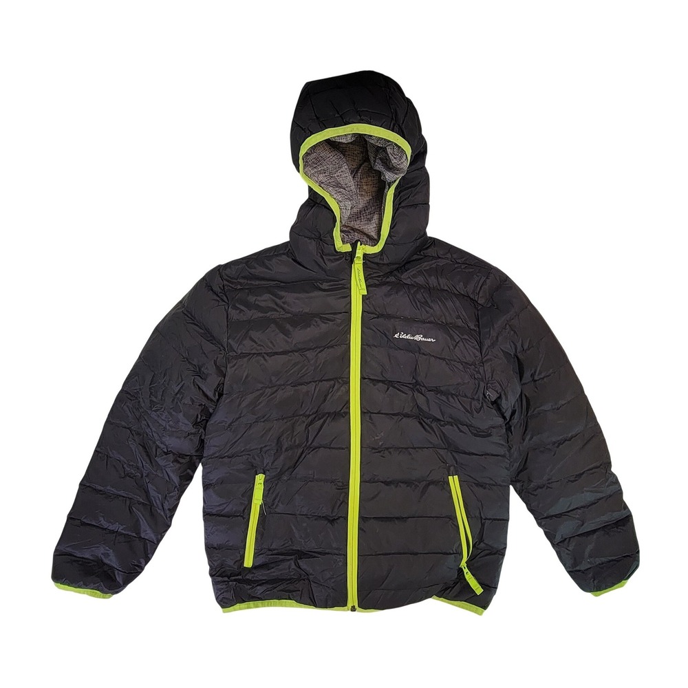 Eddie Bauer Boys Lightweight Hooded Puffer Jacket Black Neon Green